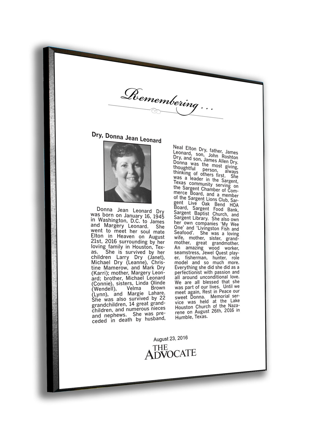 The Advocate Obituary Plaque - 1/4