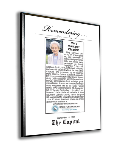 Tribune Publishing | Capital Gazette Obituary Plaque - 1/4
