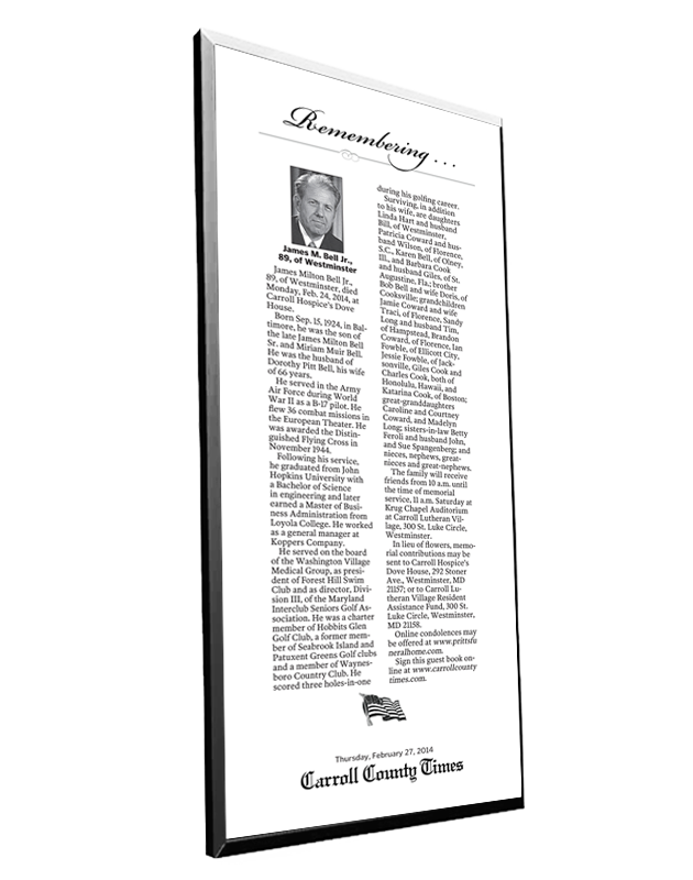 Tribune Publishing | Carroll County Obituary Plaque - 1/4